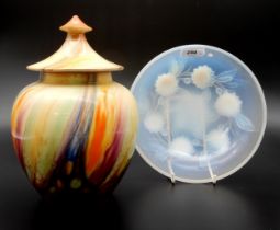 An Etling opaline glass bowl with flower feet, together with a Falcon Ware jar and cover Condition