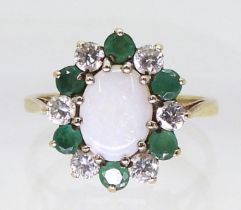 A 9ct gold emerald opal and cubic zirconia cluster ring, size J1/2, weight 2.1gms Condition Report: