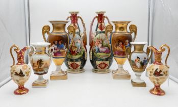 A pair of continental porcelain urns painted with couples, a smaller pair of urns, a pair of