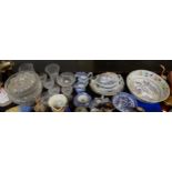 Assorted glassware including a rummer, Tudor wine glasses and assorted blue and white transfer