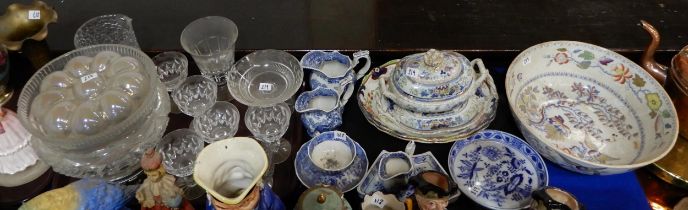 Assorted glassware including a rummer, Tudor wine glasses and assorted blue and white transfer