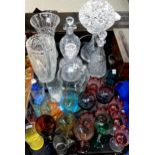 Assorted drinking glasses including ruby flashed and cut , harlequin drinking glasses, a 1950's