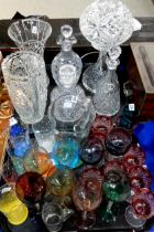 Assorted drinking glasses including ruby flashed and cut , harlequin drinking glasses, a 1950's