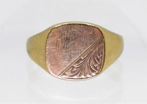 A 9ct gold signet ring, with floral engraved panel, size T1/2, weight 6.7gms Condition Report: