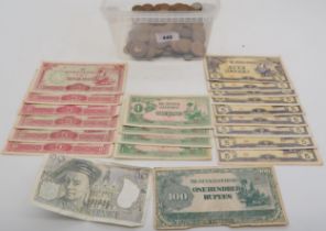 A lot comprising Japanese occupied Burma banknotes and mostly British coins Condition Report: