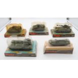 Five Dinky Toys military vehicles, in their original packaging, comprising 654 155mm Mobile Gun (