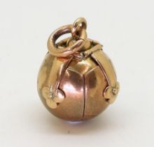 A 9ct gold and white metal Masonic ball charm, diameter approx 18mm including hasps, weight 7.2gms