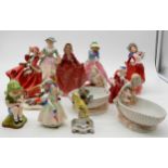 A collection of Royal Doulton figures including Daffy Down Dilly, a Chelsea style pheasant group,