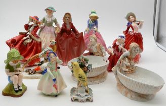 A collection of Royal Doulton figures including Daffy Down Dilly, a Chelsea style pheasant group,