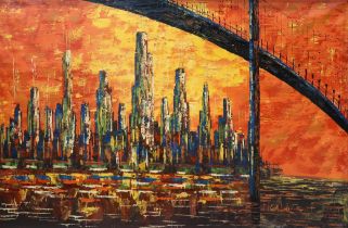 CONTEMPORARY SCHOOL CITY SKYLINER Oil on canvas, signed lower right 'Picalo', 60 x 90cm Condition