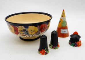 A Clarice Cliff Nasturtium pattern conical sugar shaker, together with a three piece My Garden