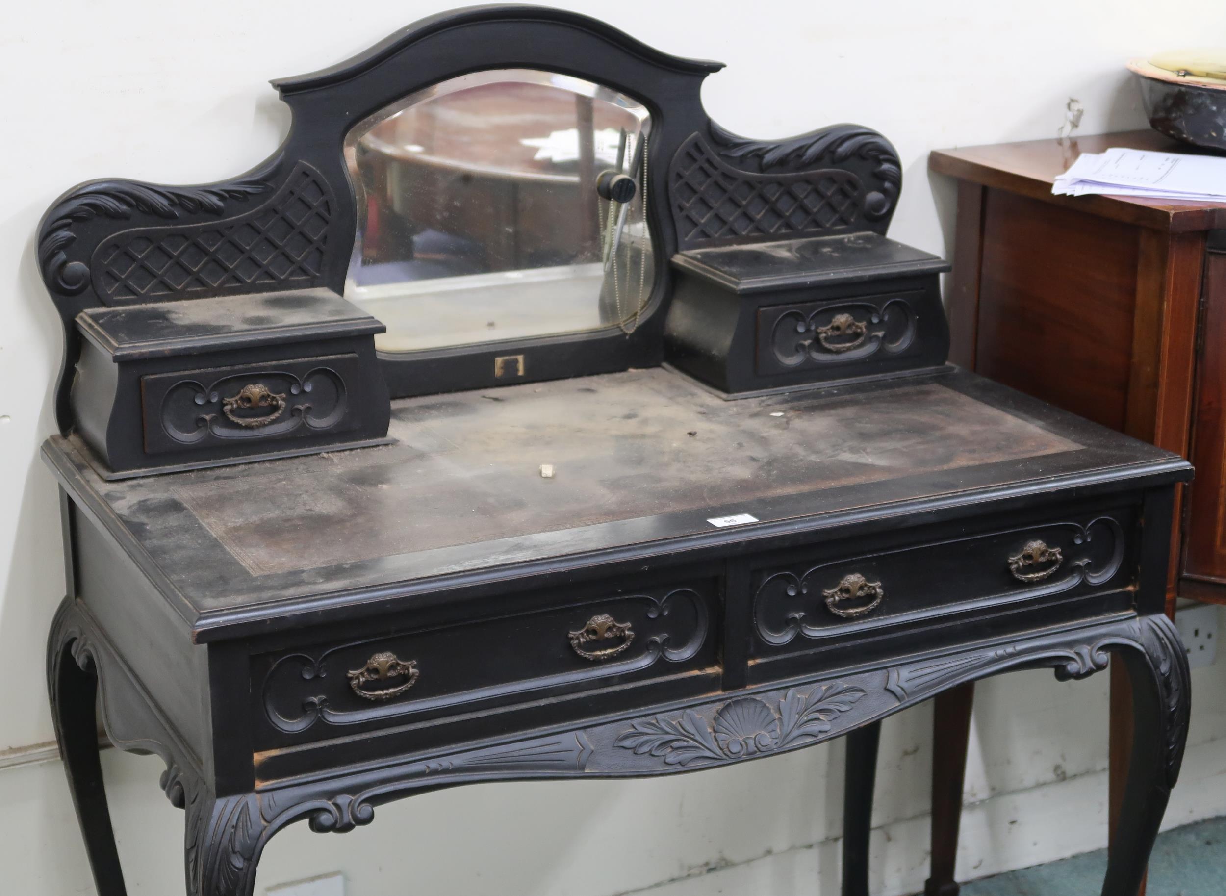 A 19th century continental style ebonised desk with shaped superstructure of central bevelled - Image 2 of 4