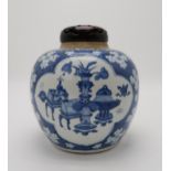 A CHINESE BLUE AND WHITE GINGER JAR the vignettes filled with One Hundred Antiques, over a cracked