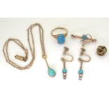 A COLLECTION OF TURQUOISE JEWELS to include a pair of 9ct gold turquoise and pearl earrings with