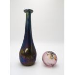 JOHN DITCHFIELD FOR GLASFORM  A tapering blue glass vase with iridescent feather decoration,