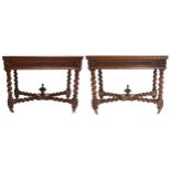 A PAIR OF VICTORIAN OAK FOLD-OVER CARD TABLES  each with rectangular moulded edged tops over foliate