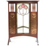 A MAHOGANY FRAMED SHAPLAND AND PETTER STYLE ARTS & CRAFTS FIRESCREEN  with corniced top over central