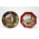 A COPELAND OCTAGONAL CABINET PLATE with central painted continental lake scene within a burgundy and