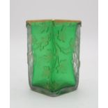 A DAUM NANCY VASE of triangular form, the clear cased green body acid etched with ivy leaves