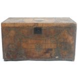 A LATE 18TH/EARLY 19TH CENTURY BRASS STUDDED CHEST  bound in hide with wrought iron carry handles,