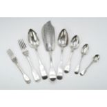 A COLLECTION OF GEORGIAN AND LATER FLATWARE including four table spoons by Mitchell & Russell,