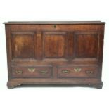 AN 18TH CENTURY OAK BLANKET CHEST  with stepped hinged top containing candle box and three short
