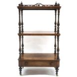 A VICTORIAN BURR WALNUT THREE TIER WHATNOT  with pierced gallery top over two open tiers joined by