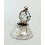AN EDWARDIAN SILVER COMBINATION TRAVELLING INKWELL TIMEPIECE By Henry Matthews, Chester 1904, of