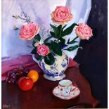 NORMAN EDGAR RGI (SCOTTISH b.1948) STILL LIFE, PINK ROSES AND FRUIT Oil on canvas, signed lower