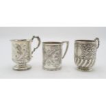 THREE VICTORIAN SILVER CHRISTENING MUGS one by John Alexander Fettes, Glasgow 1898, the body half