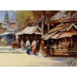 ASIAN SCHOOL (20thC) MARKET AND TEMPLE Watercolour, signed indistinctly and dated 1937, 12.5 x
