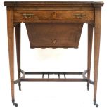A VICTORIAN ROSEWOOD FOLD-OVER SEWING/GAMES TABLE  with inlaid rectangular top with shaped corners