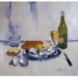 GEORGE DEVLIN RSW (SCOTTISH 1937-2014) FRENCH STILL LIFE - OYSTERS, WHITE WINE AND BREAD Oil on