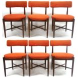 A SET OF SIX MID 20TH CENTURY G PLAN FRESCO TEAK FRAMED DINING CHAIRS  with orange wool upholster