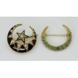TWO CRESCENT MOON BROOCHES a bright yellow metal example with black enamel detail and set with split