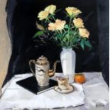 ROBERT KELSEY PAI FRSA (SCOTTISH b.1949) STILL LIFE, ROSES AND COFFEE Oil on canvas, signed lower