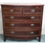 A Victorian bow front two over three chest of drawers with cast lion masque drawer pulls on shaped