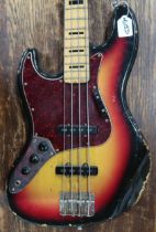 ANTORIA jazz style left handed electric bass guitar in sunburst serial number J774289 circa 1977