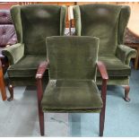 A lot consisting pair of 20th century green velour upholstered Parker Knoll wing back armchairs,