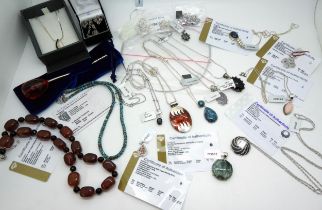 A collection of silver gem set Gems TV jewellery to include, a diamond pendant, labradorite,