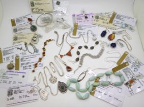 A collection of silver gem set Gems TV jewellery to include, Ammolite, amber and larimar pendants,