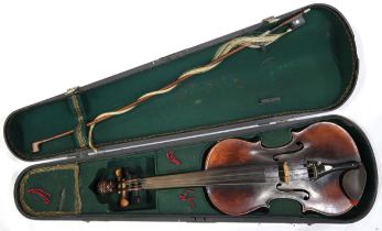 LION-HEADED FIDDLE  A one-piece back violin, 34.5cm, featuring a lion's head scroll together with