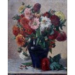 ERNEST VICTOR ROMANET Dahlias in a vase, signed, oil on canvas, 81 x 63cm Condition Report:Available