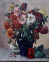 ERNEST VICTOR ROMANET Dahlias in a vase, signed, oil on canvas, 81 x 63cm Condition Report:Available
