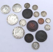 GEORGE III 1819 crown, cartwheel penny 1797, Hibernia 1/2 penny 1805, George IIII 1822 crown, 1/2