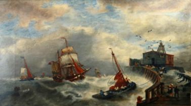 BRITISH SCHOOL (20thC) HARBOUR IN HEAVY SEAS Oil on canvas, 42 x 75cm (16.5 x 29.5") Condition