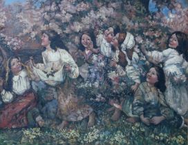 AFTER E.A.HORNEL Girls amongst blossom, oil on board, 48 x 61cm Condition Report:Available upon