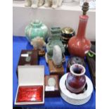 A collection of Chinese ceramics and objects including a flambe vase, a monochrome vase (lamped) a