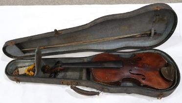 A two piece back violin 36cm with label to the interior GPS 505 and stamped Paganini below the nose,