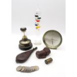 A Weather Pillar (combined barometer/hygrometer/thermometer/compass), leather and brass powder/